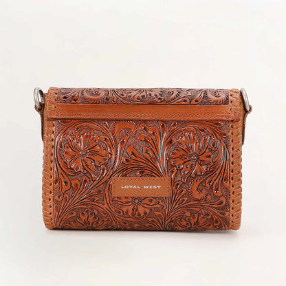 Brown hand-tooled leather crossbody bag with floral carving, whipstitch trim, and silver clasp closure