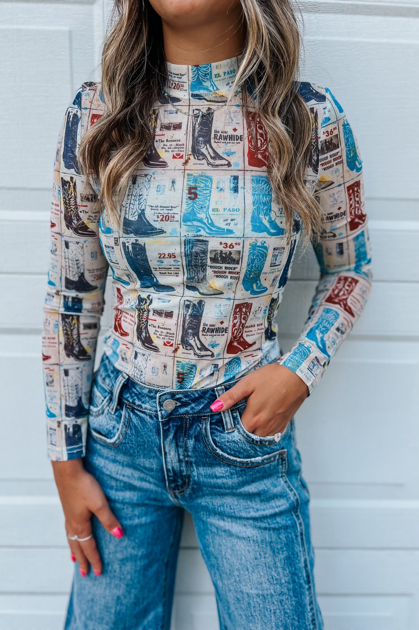 Boot Stamp Collage Mesh Top