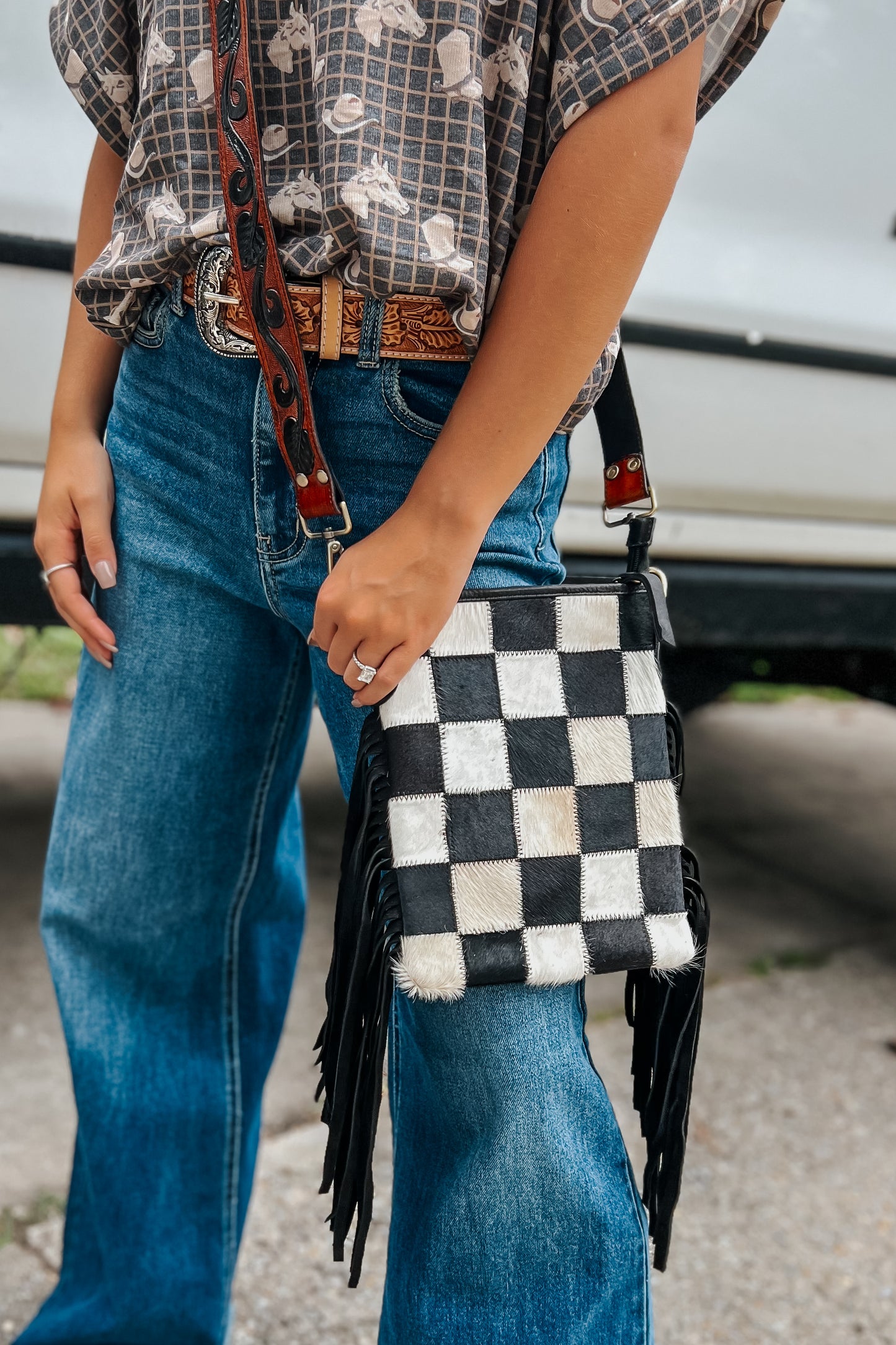 Checkered Cowhide Crossbody | Black