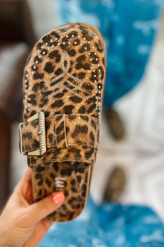 Leopard print mule clogs with silver buckle strap, studded detailing, and closed rounded toe.