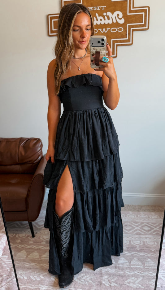 Strapless Ruffle Maxi Dress | Black