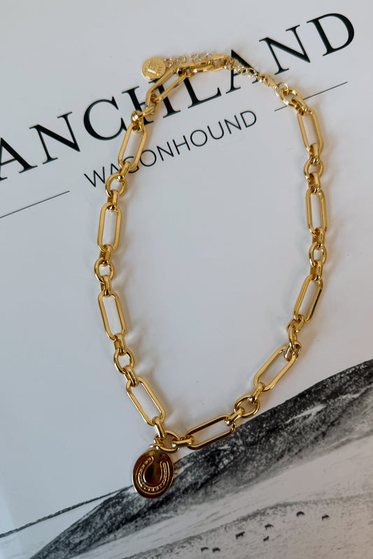 Gold-plated horseshoe pendant necklace on an 18-inch chain with horseshoe accent pendant.