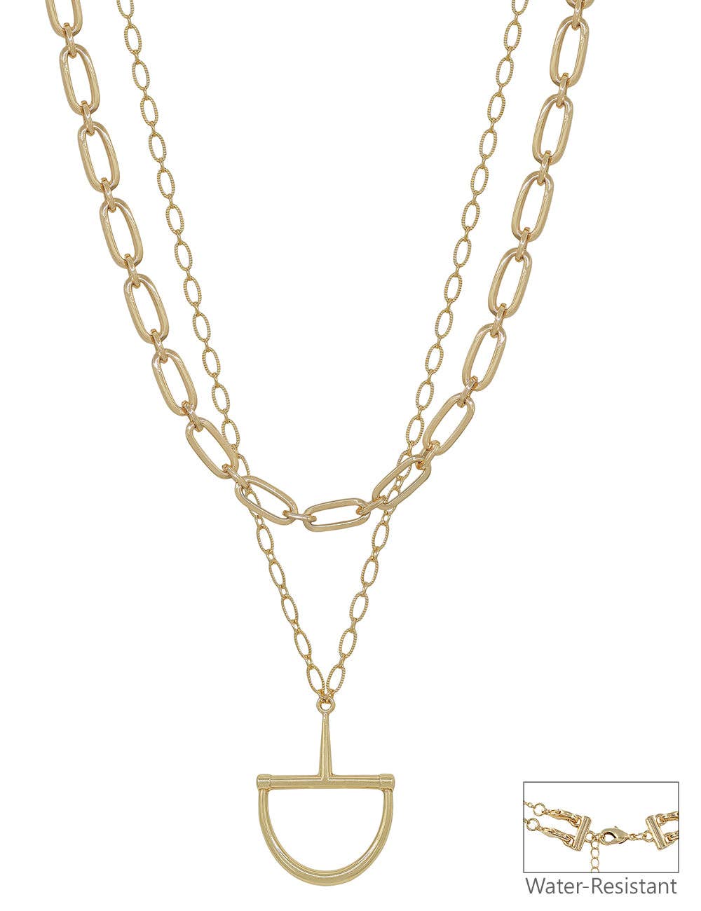 Gold chain necklace with a unique pendant on a white background