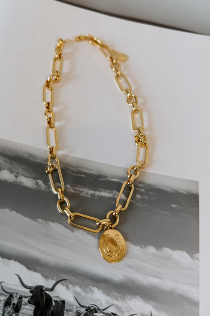 Gold-plated horseshoe pendant necklace on an 18-inch chain with horseshoe accent pendant.