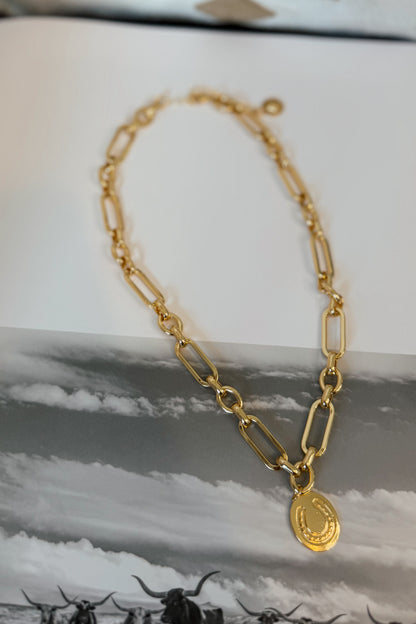 Gold-plated horseshoe pendant necklace on an 18-inch chain with horseshoe accent pendant.