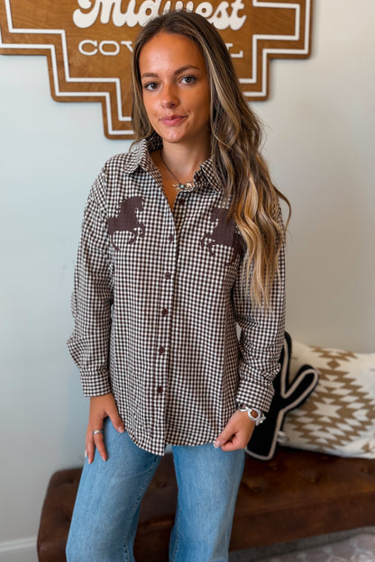 brown and white gingham button-up shirt with jeans