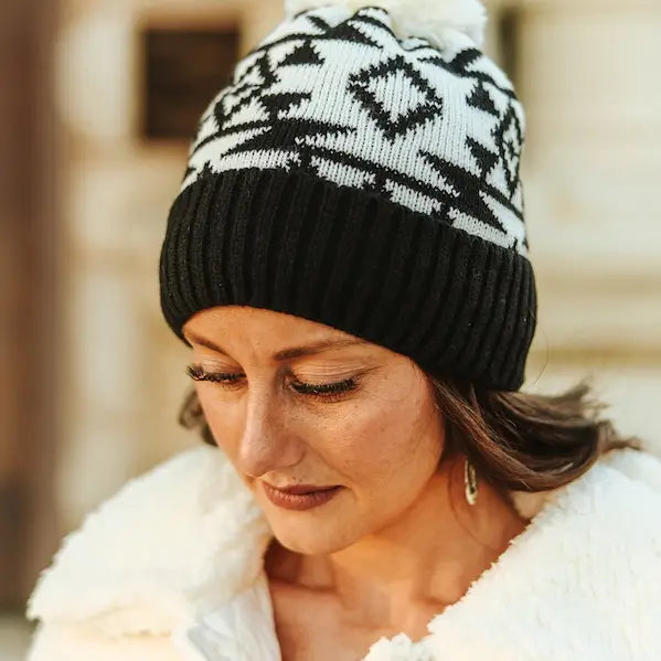 Wild West Aztec Pom Beanie | Black & Ivory