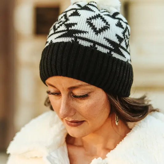 Wild West Aztec Pom Beanie | Black & Ivory