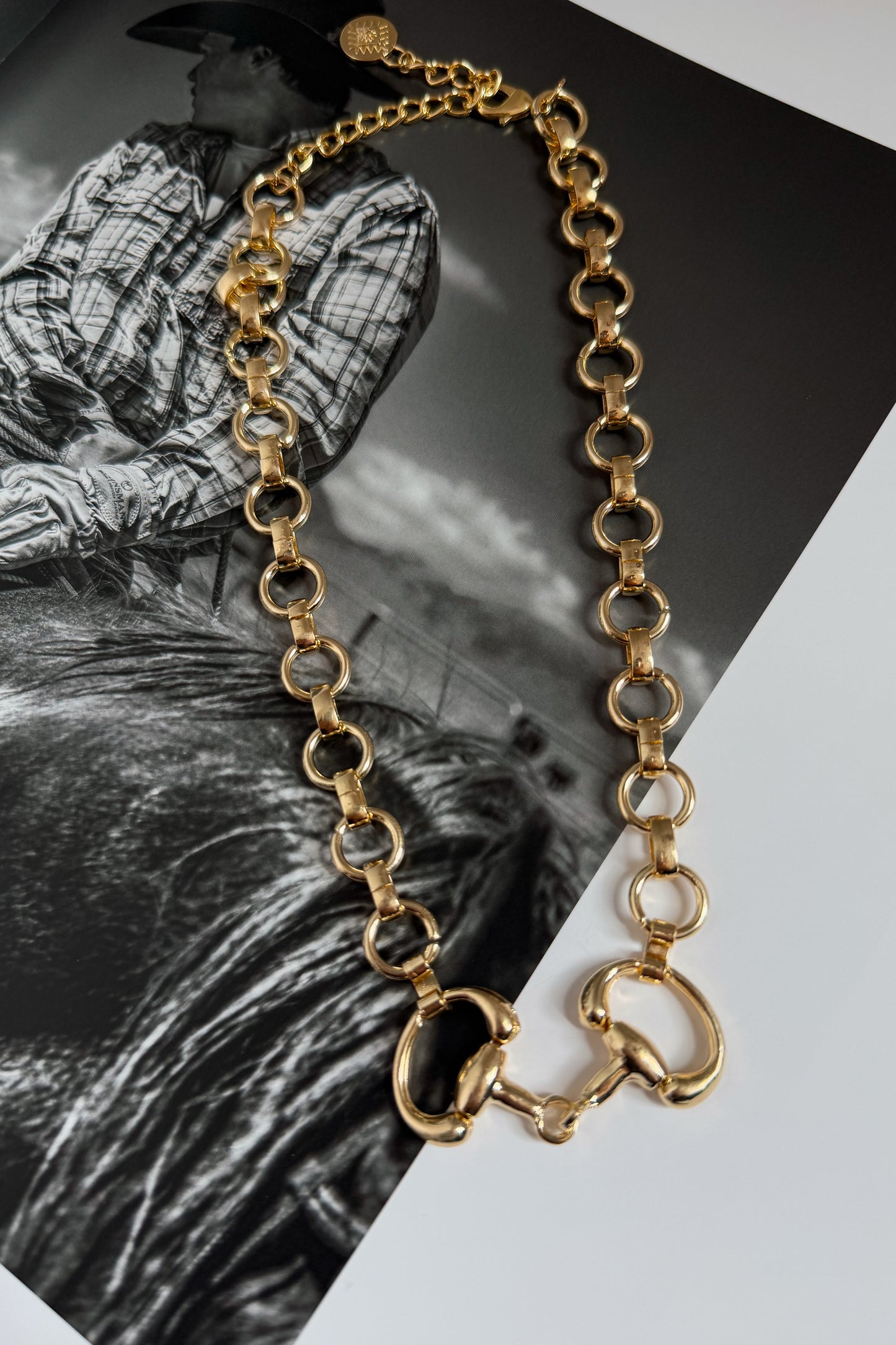 Close-up view of a chunky gold chain necklace highlighting the horse bit centerpiece and polished gold-tone chain links.