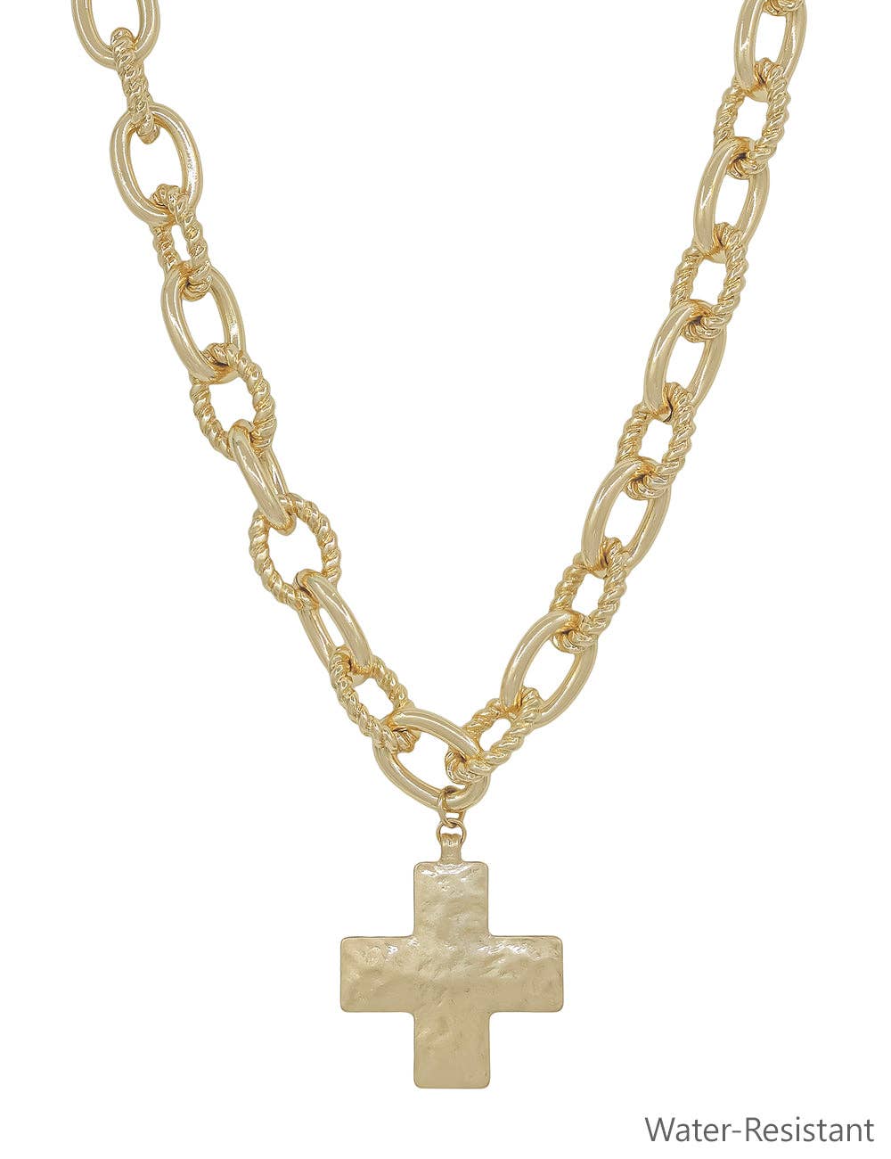 Gold chain necklace with a cross pendant on a white background